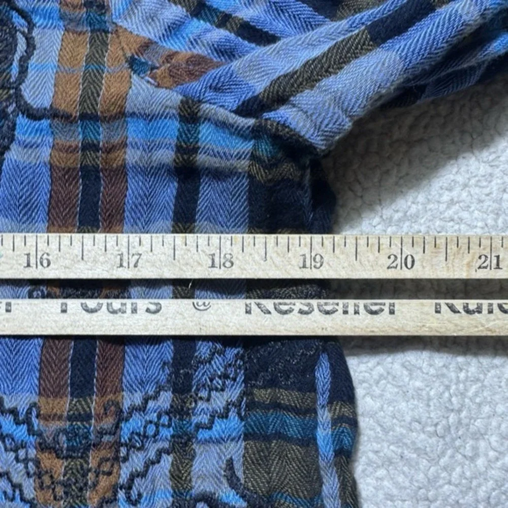 Free People Top Womens XS‎ Blue Plaid Button-Up Tunic Floral Embroidery Collared